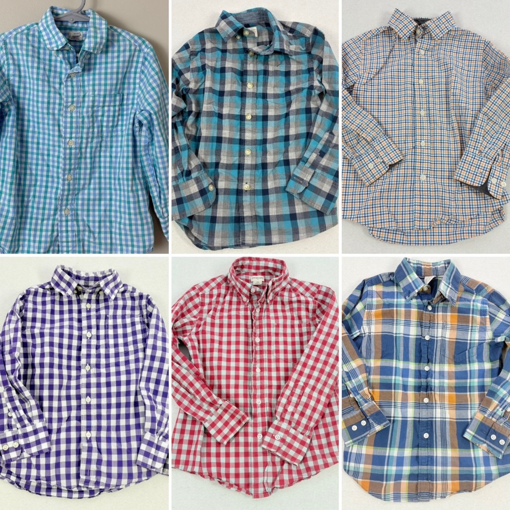 Crewcuts Button Down Shirt Lot Boys 4-5 Multicolor Plaid Gingham Cotton 6pc